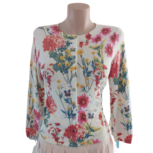 Karen Millen viscose ivory floral cardigan, size S 8-10