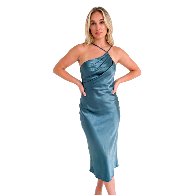 billy j blue silky midi slip dress, size 8