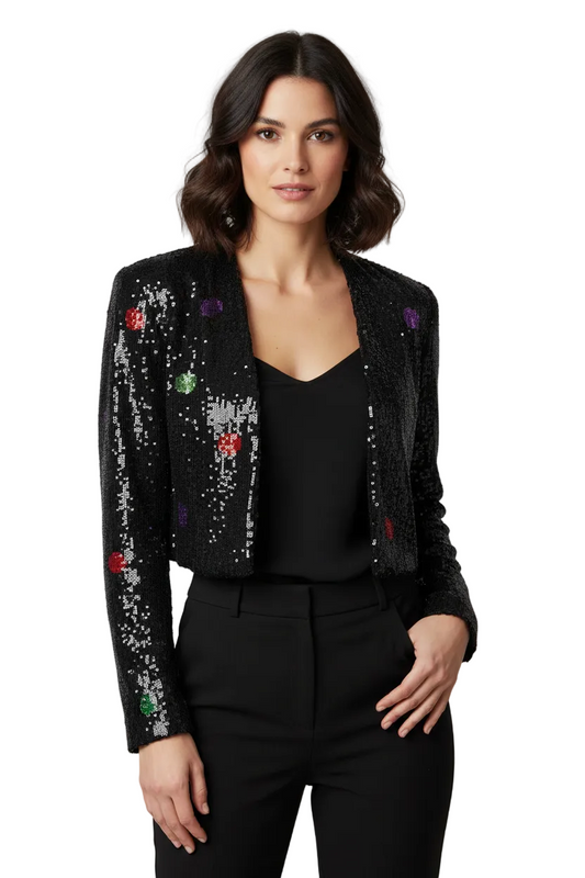 Trelise Cooper black sequin jacket, size 8-fits 10-HIRE $50