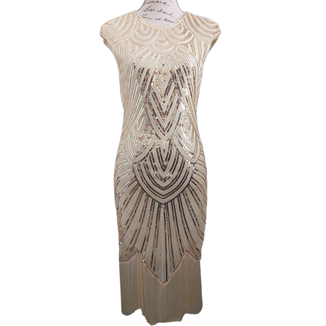 1920's Flapper/Gatsby Dresses, cream silver sequin & beads,  size 16, rent $40