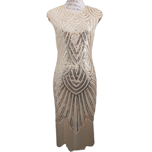 1920's Flapper/Gatsby Dresses, cream, silver sequin & beads,  size 8