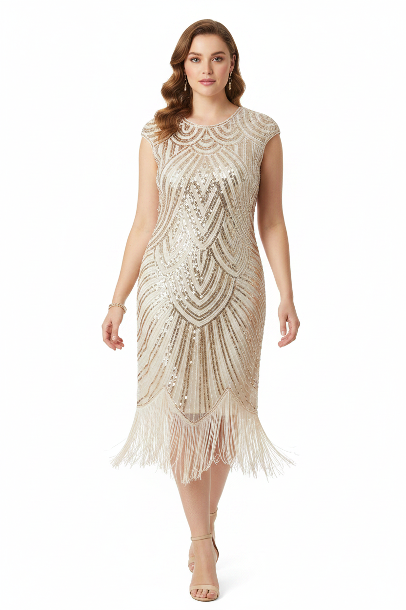 1920's Flapper/Gatsby Dresses, cream silver sequin & beads, size 16