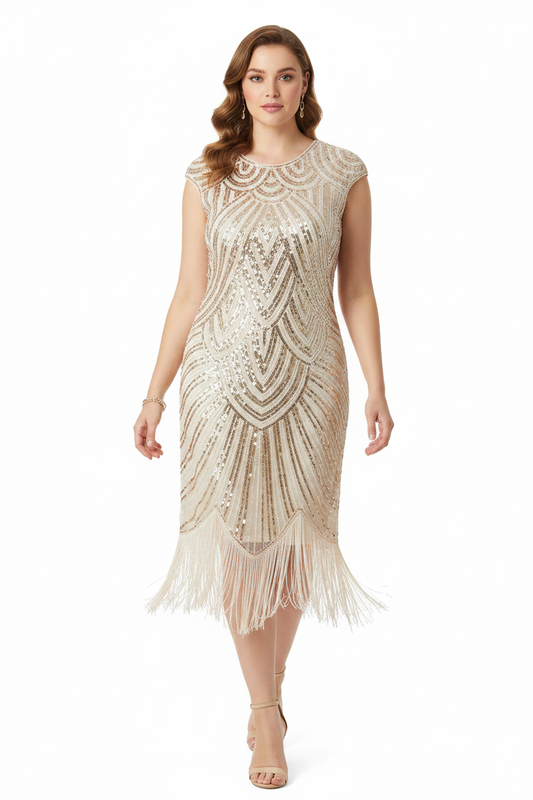 1920's Flapper/Gatsby Dresses, cream silver sequin & beads, size 16