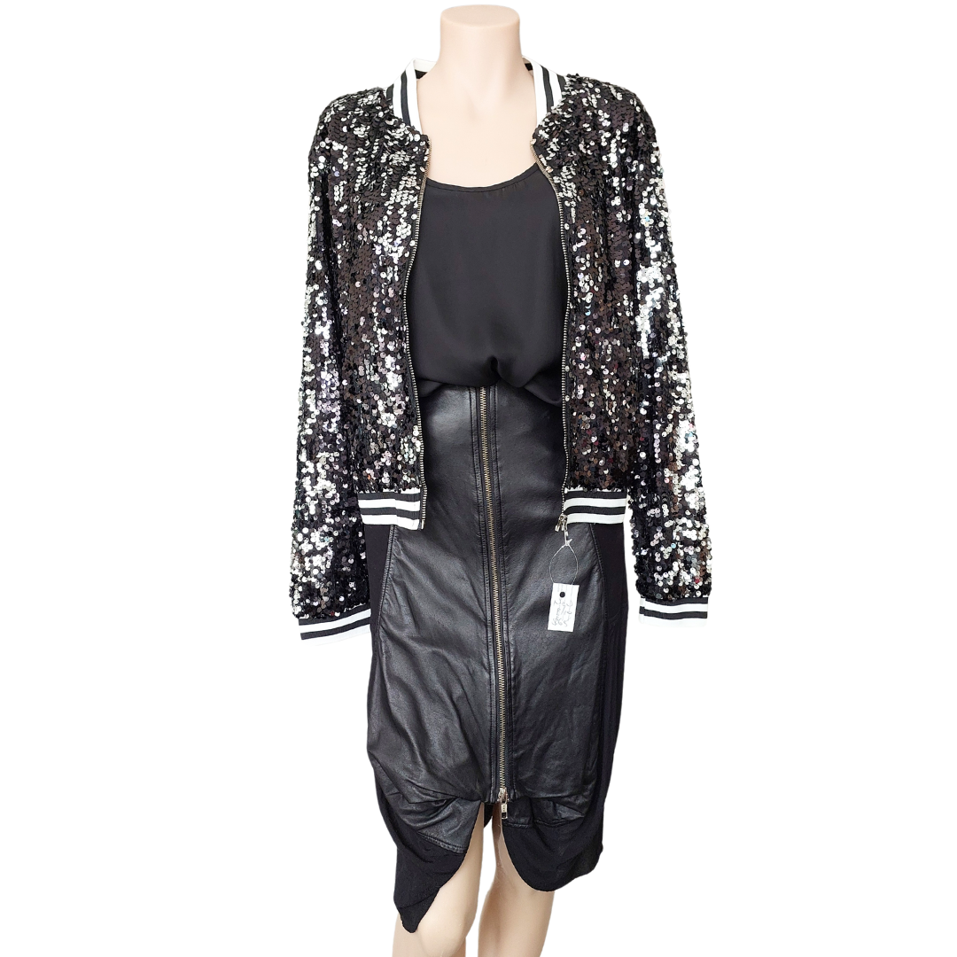 NEW black & silver sequin bomber jacket size 8, 10, 12