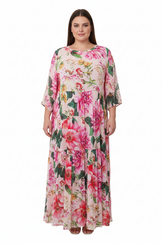 Jellicoe Pink floral dress, size L/16-HIRE