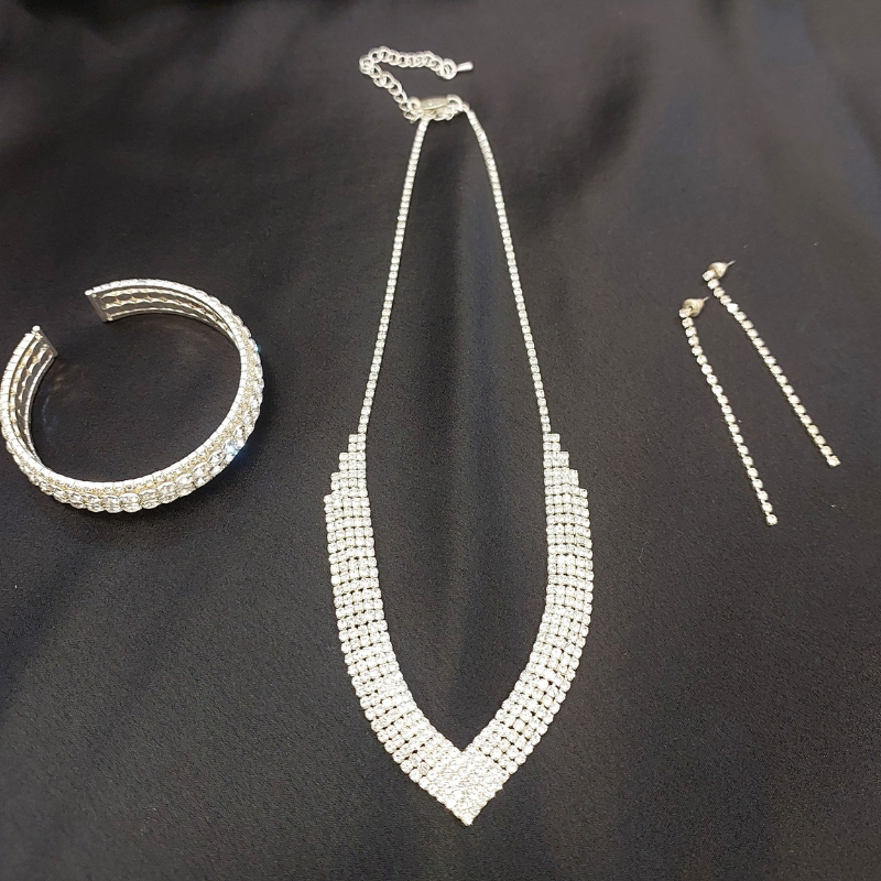 Silver diamante necklace + earrings + bangle - HIRE