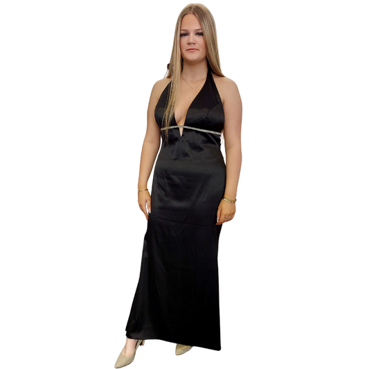 Black satin/ silver diamante formal / ball dress, size 12