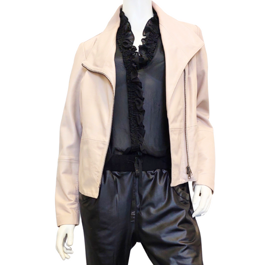 Storm pink leather jacket, size 14, retail $750