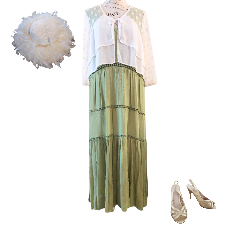 Catalyst cream top + Loobies Story avocado green dress, size 14-Hire