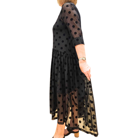 Jellicoe Designer black spotty dress, size S, fits 10-12