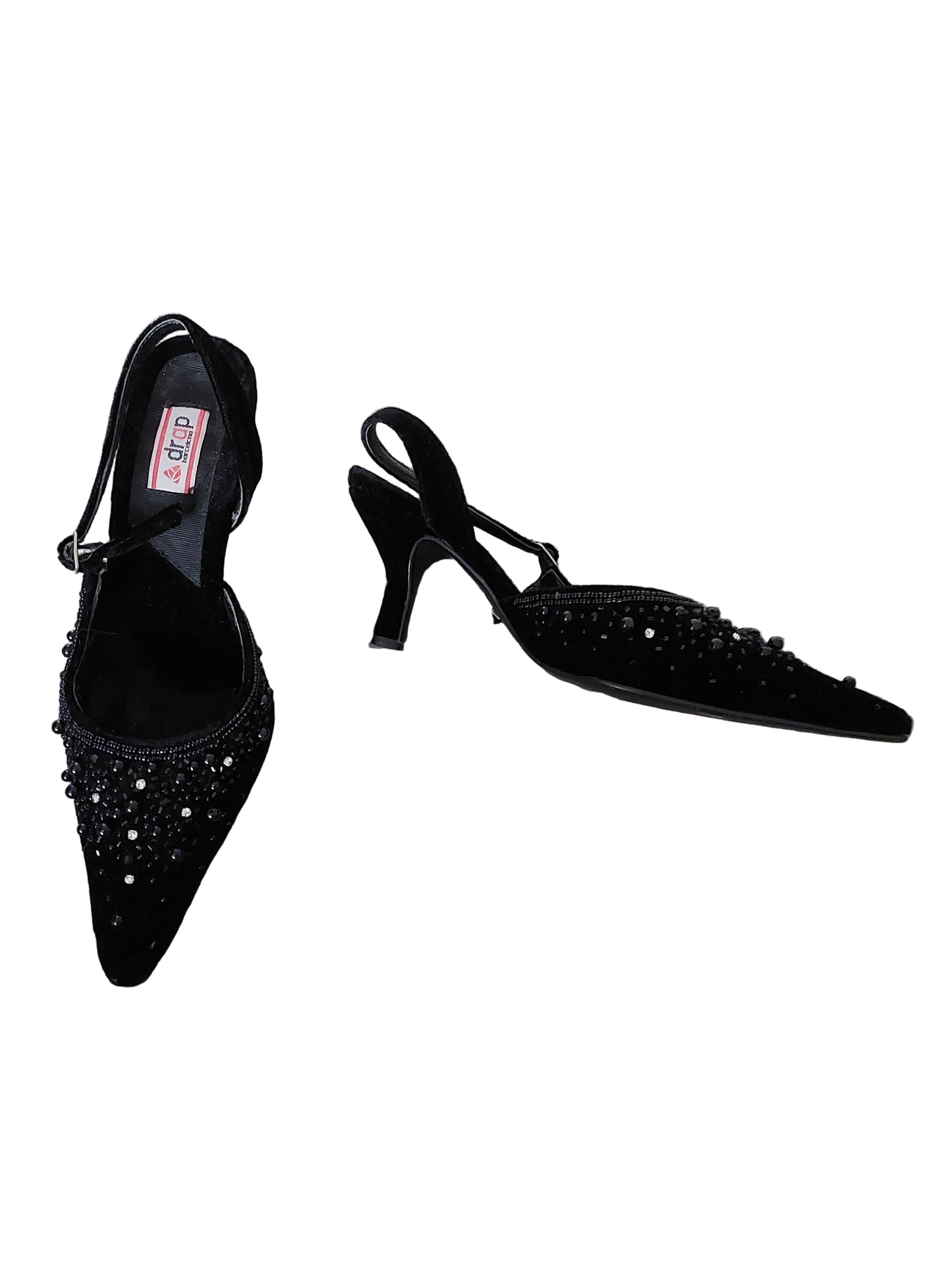 Black velvet diamante low slingback heels, size 37/6