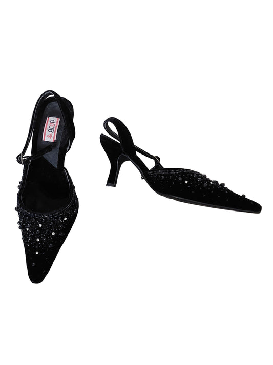 Black velvet diamante low slingback heels, size 37/6