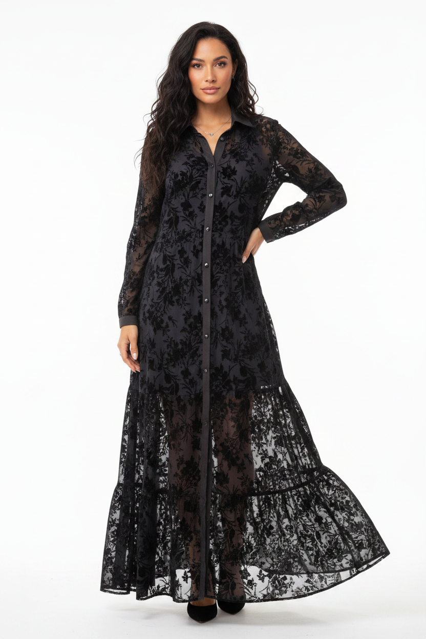 Joe Browns black mesh velvet embossed floral coat, size 12