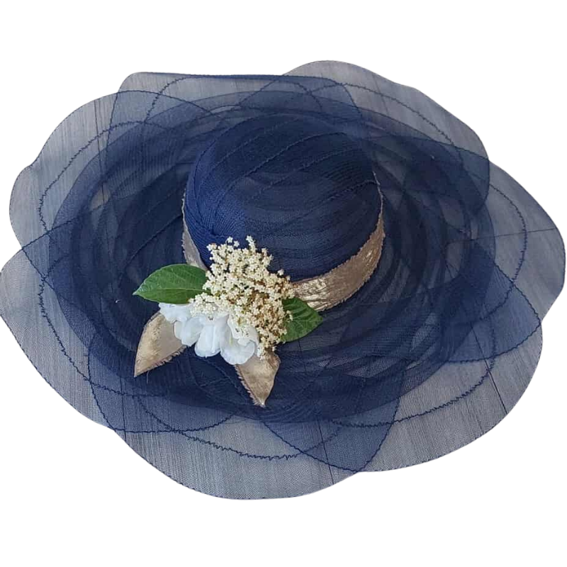 Navy blue hat-HIRE, add your own flowers, ribbons etc