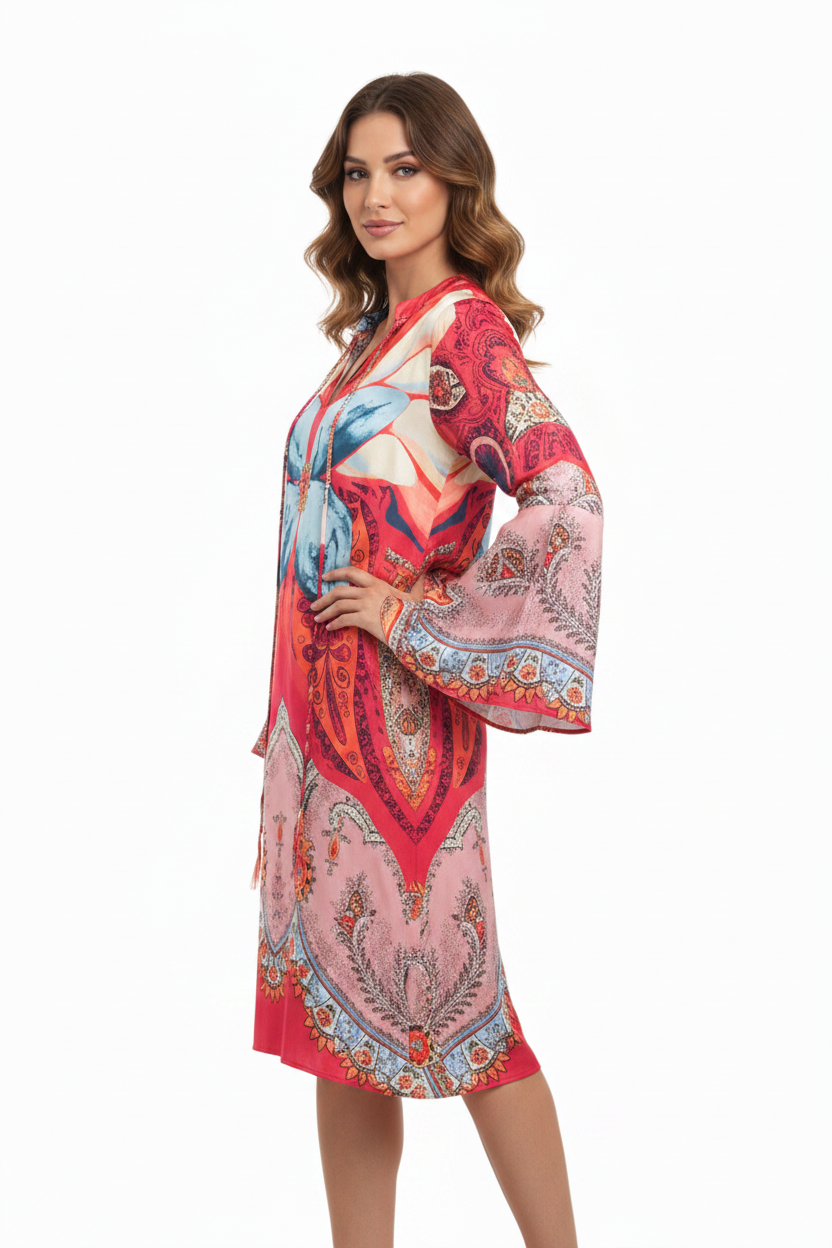 Cooper ruffle accents red silk dress, size S, 10, retail $599