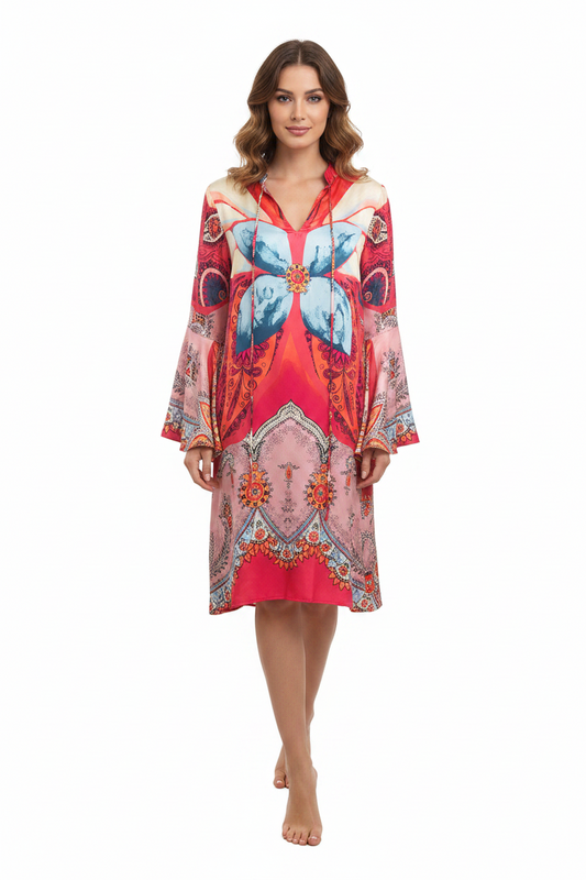 Cooper ruffle accents red silk dress, size S, 10, retail $599
