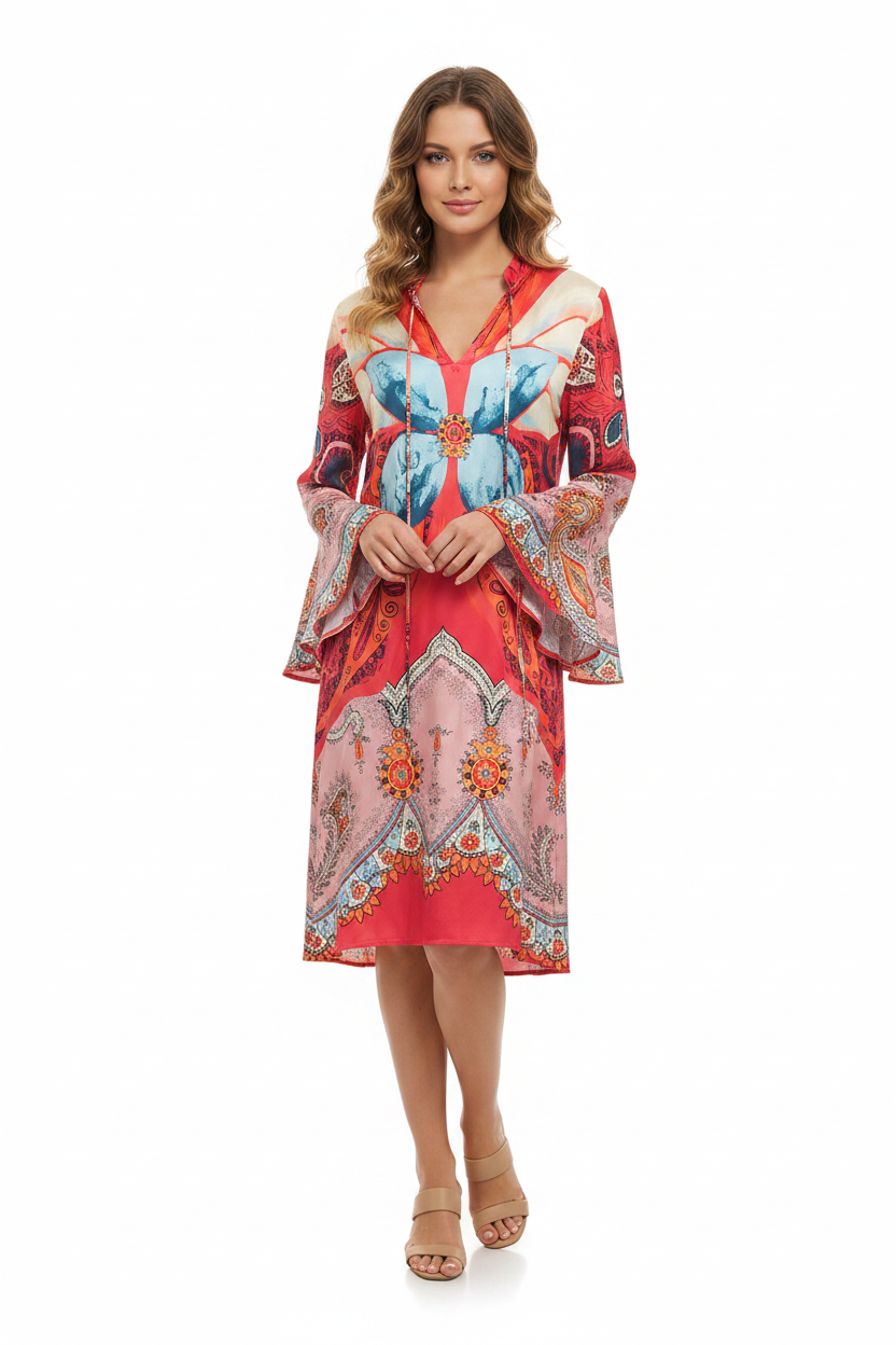 Cooper ruffle accents red silk dress, size S, 10, retail $599