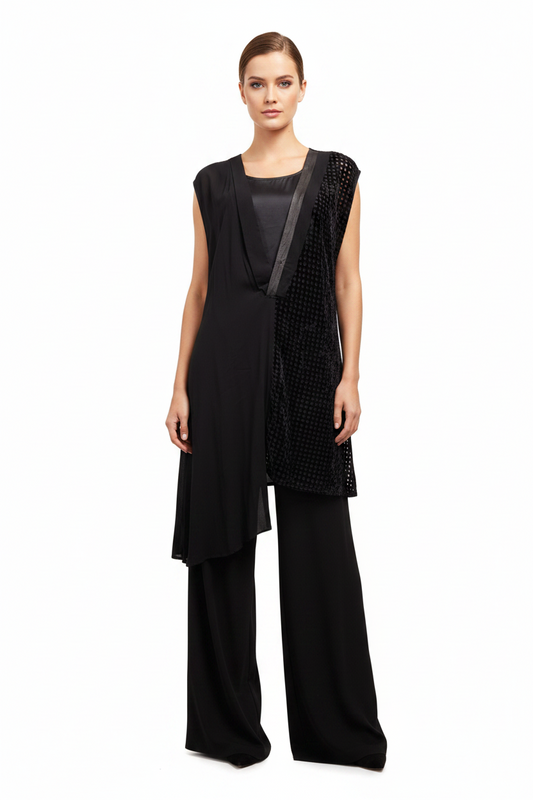 Company Of Strangers NZ DESIGNER black leather/ velvet layering top, size 14