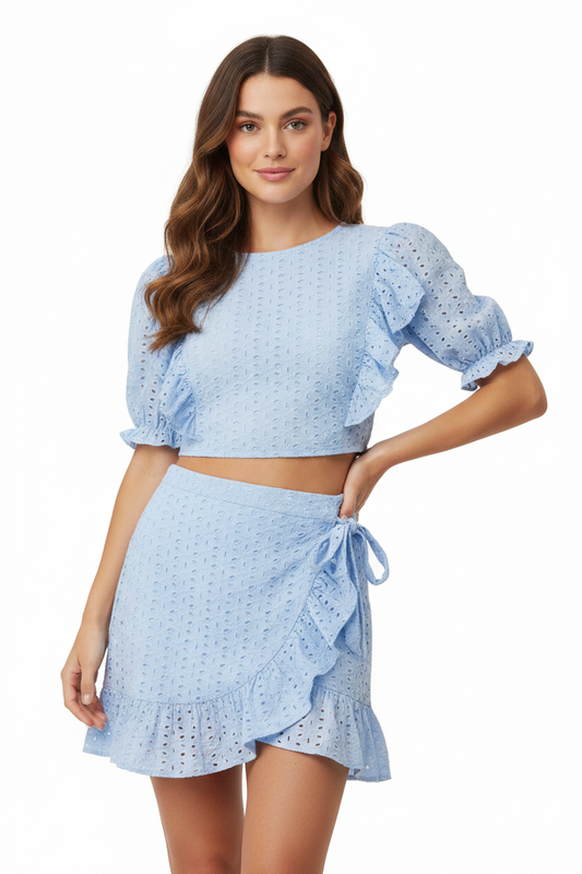 Baby blue broderie anglaise skirt & top, size 12