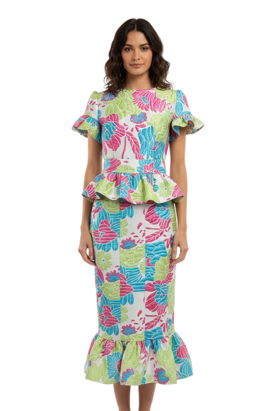 Designer green, blue, pink formal/race day dress, size 10