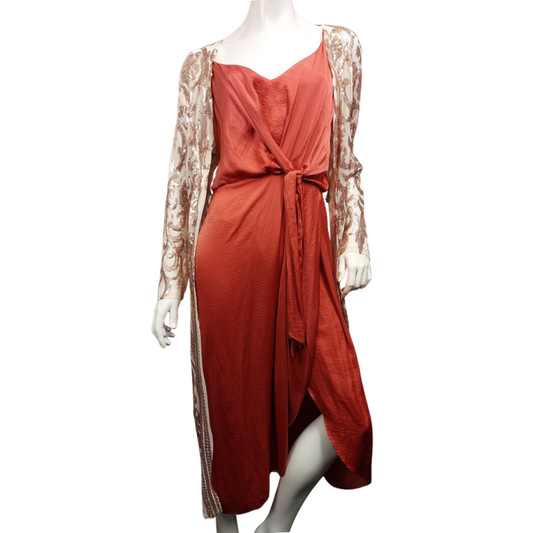 Rust silky formal dress + champagne sequin coat, size 16-18-HIRE