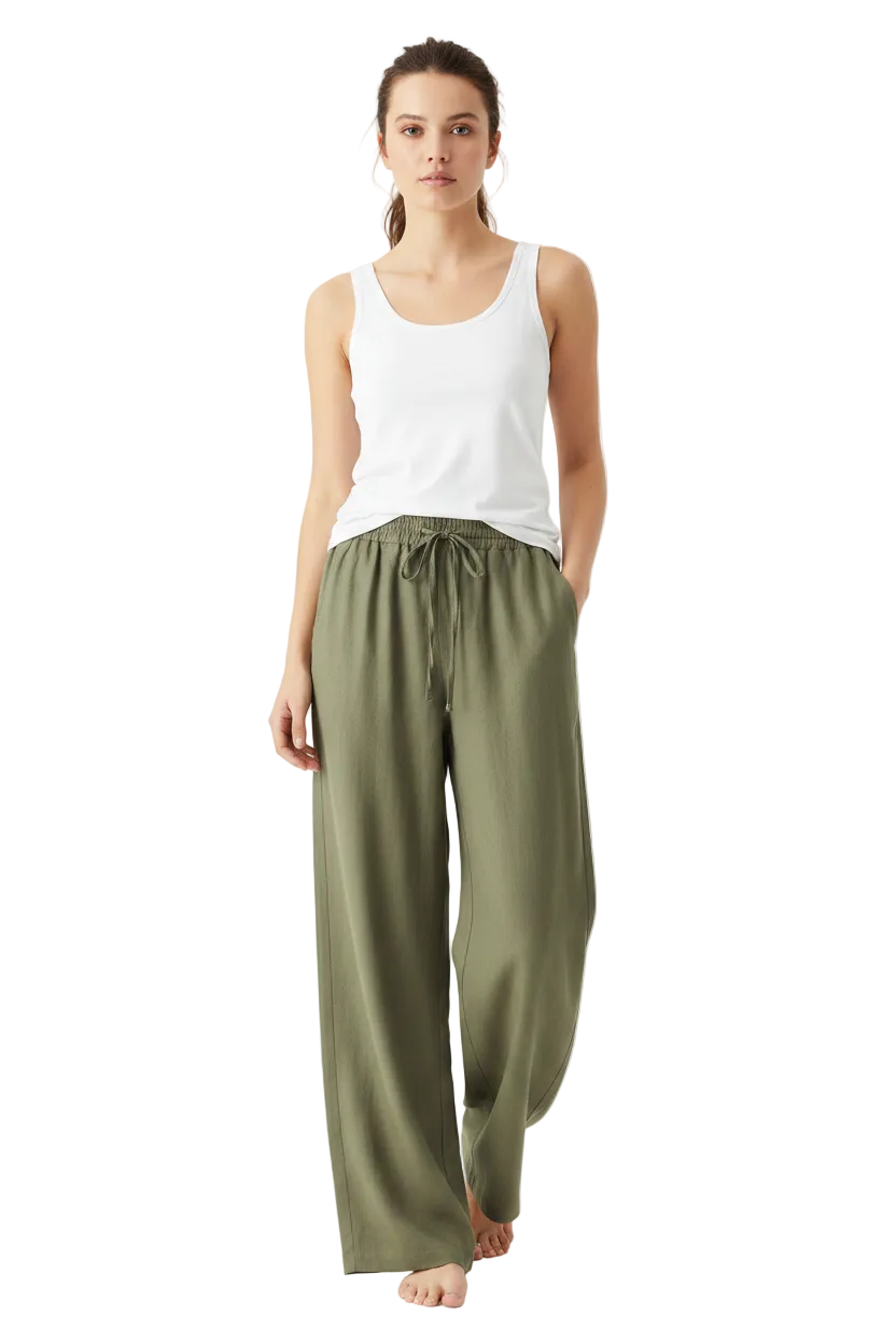 New olive green viscose wide leg pants, size 8-14
