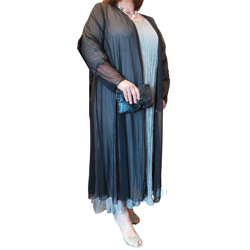 TCD black sheer formal coat, size M. fits 16-18-20-22 -HIRE ONLY