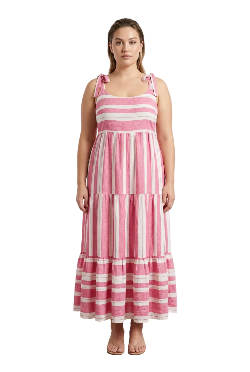 Zest pink linen striped Summer midi dress, size 16-18