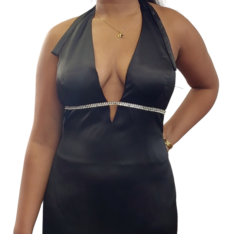 Black satin/ silver diamante formal / ball dress, size 12