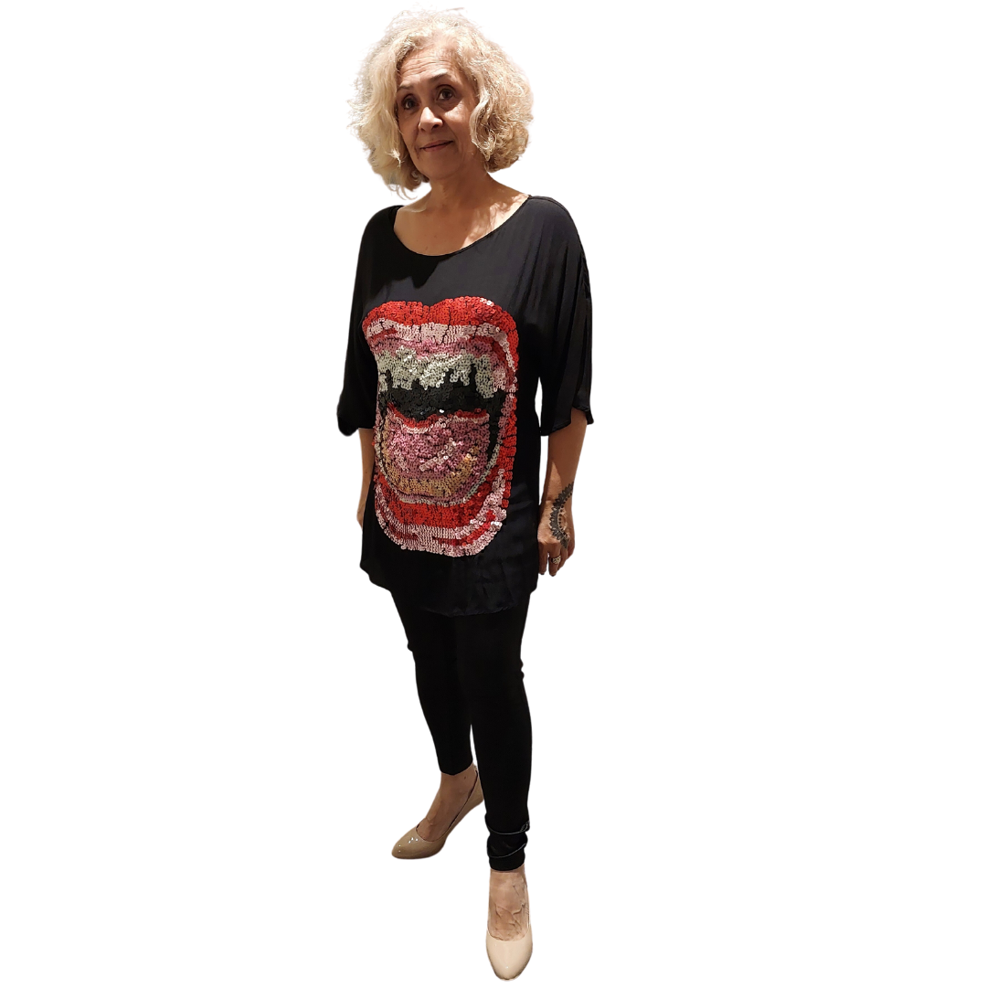 Charlie Brown black sequin hot lips top, size 10