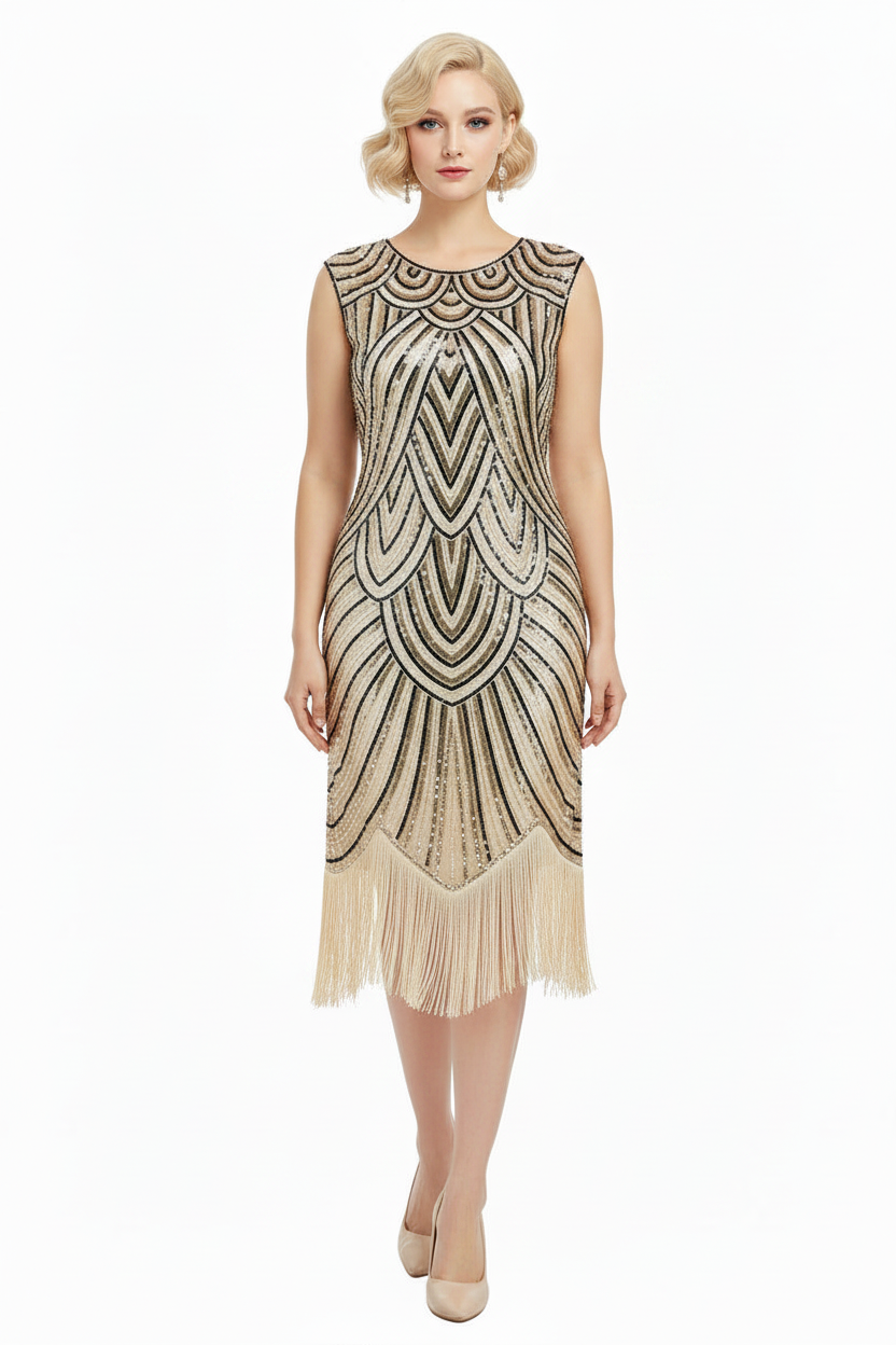 1920's Flapper/Gatsby Dresses, cream, silver sequin & cord, size 10 & 14