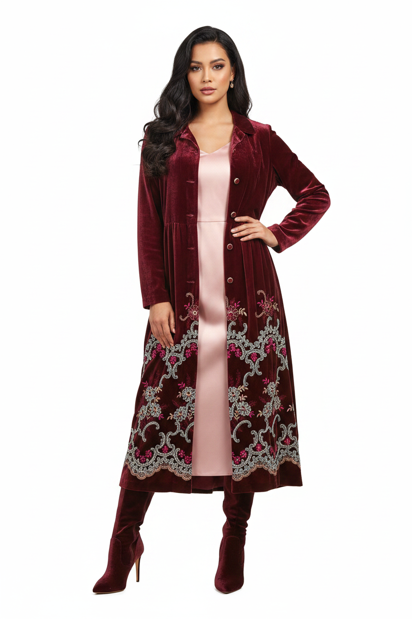 Trelise Cooper merlot velvet embroidered  coat, size 12