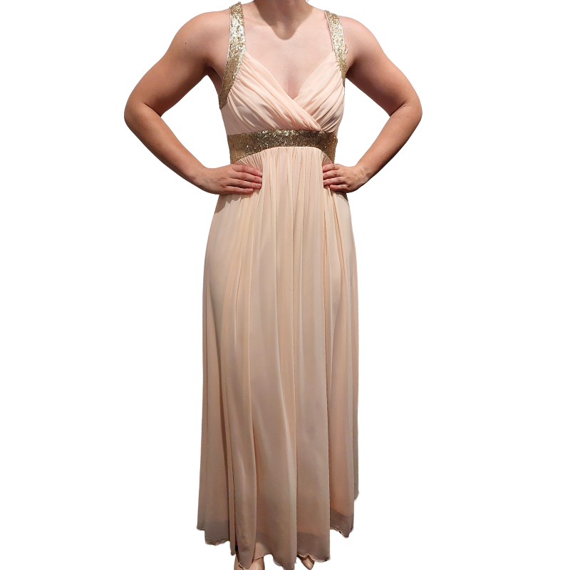 New peach long dress/gold sequin neck, size 14