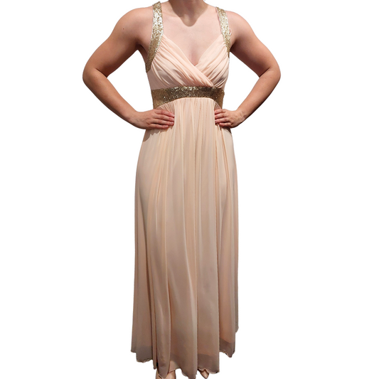 New peach long dress/gold sequin neck, size 14