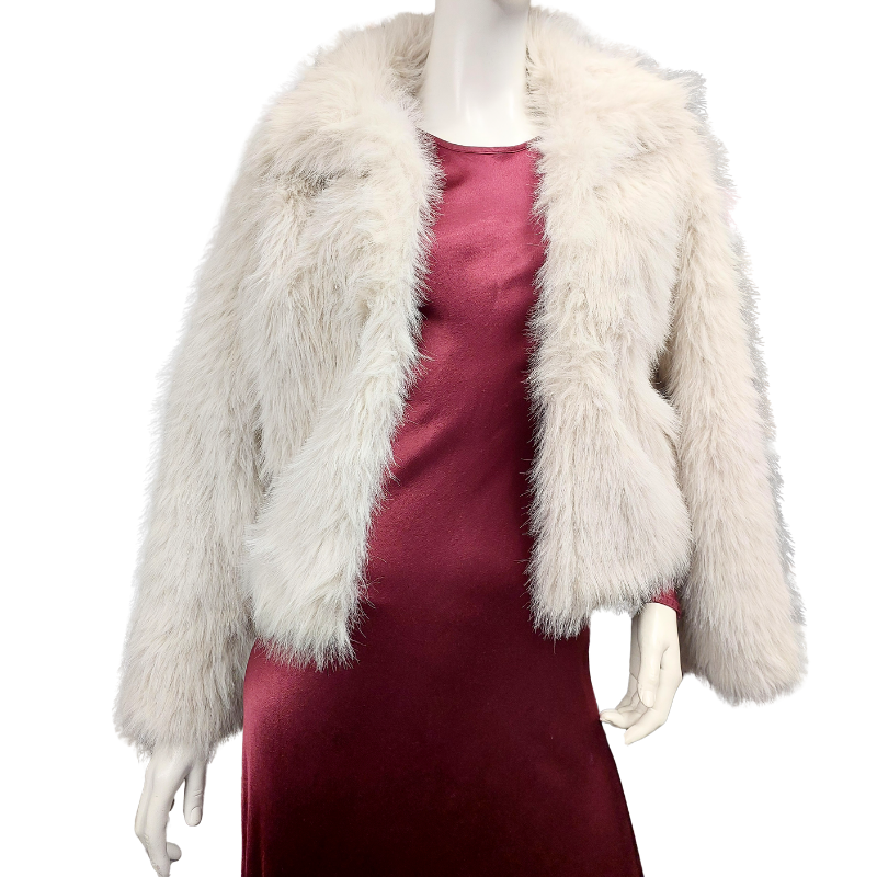 Beige fluffy faux fur jacket, size 10, fits 10-12-HIRE