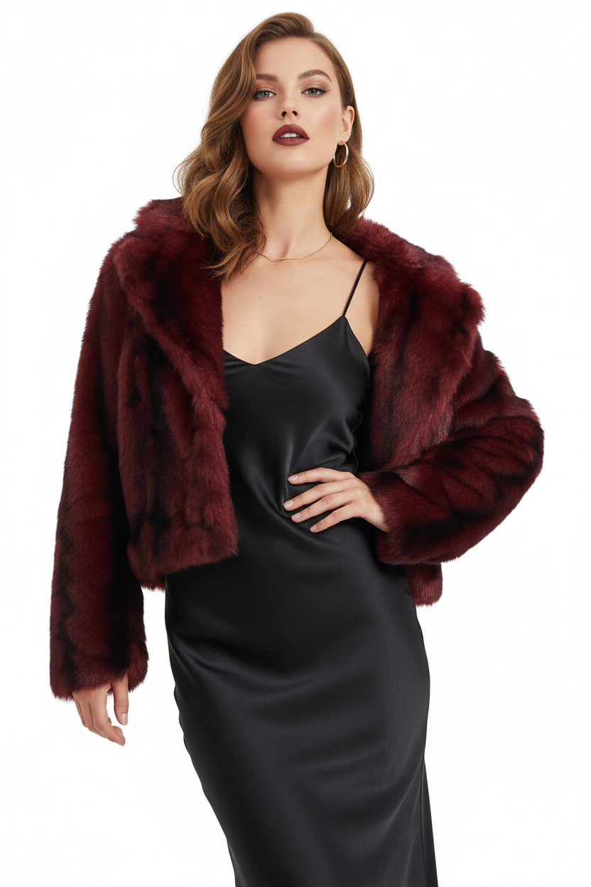 Burgundy faux fur jacket, size 12-14