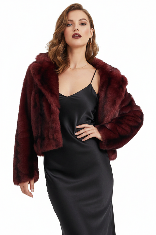 Burgundy faux fur jacket, size 12-14