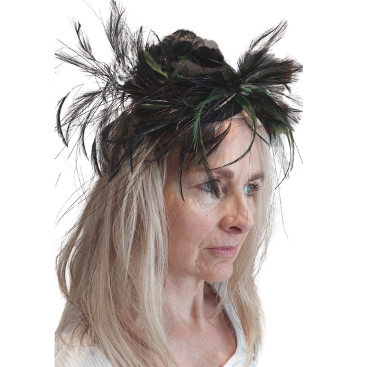 Black, green feather fascinator hire, book now!