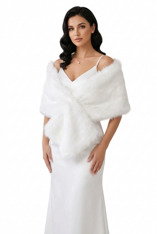 White faux fur shawl/stole, HIRE $30 or $20 with a dress