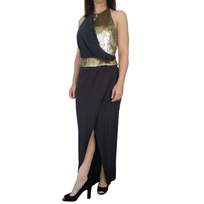 SASS & BIDE black & gold sequin formal dress, size 10, rent $50