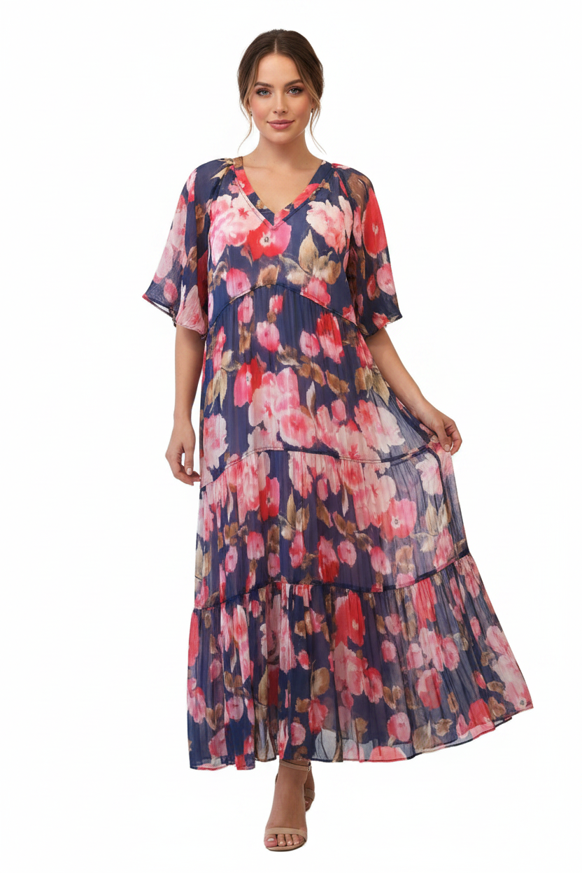 Loobies Story pink & blue floral dress, size 16-18 HIRE