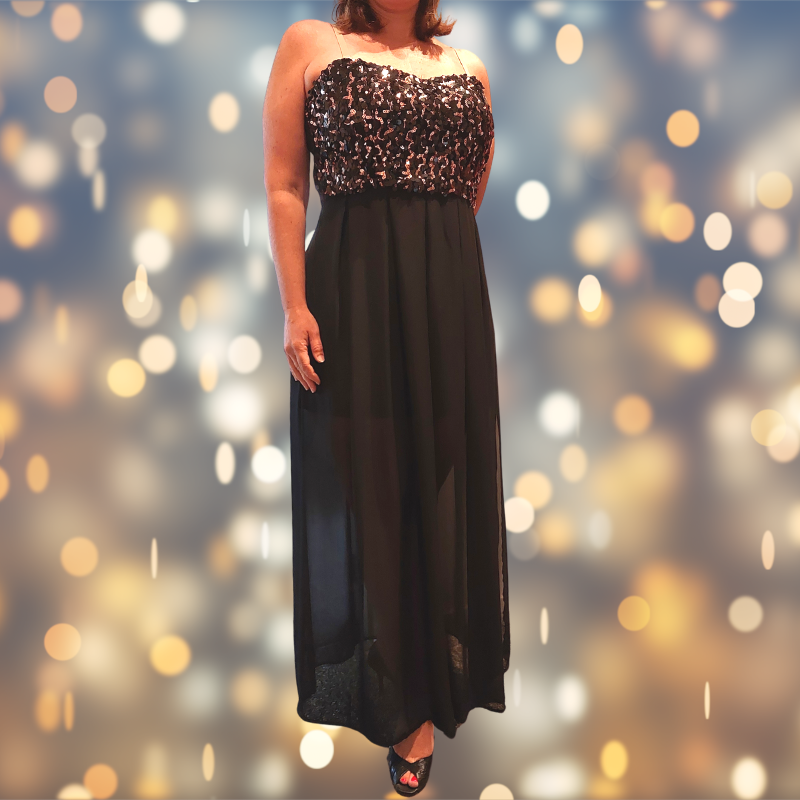 Black & rose gold sequin dress, size 12/14