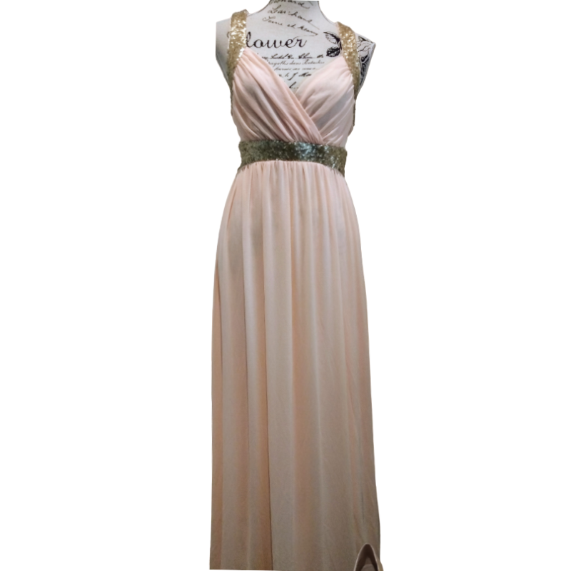 Peach long dress/gold sequin neck-UK 14-rent $40