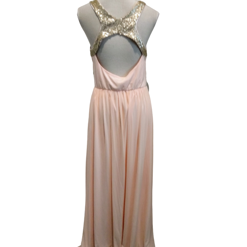 Peach long dress/gold sequin neck-UK 14-rent $40
