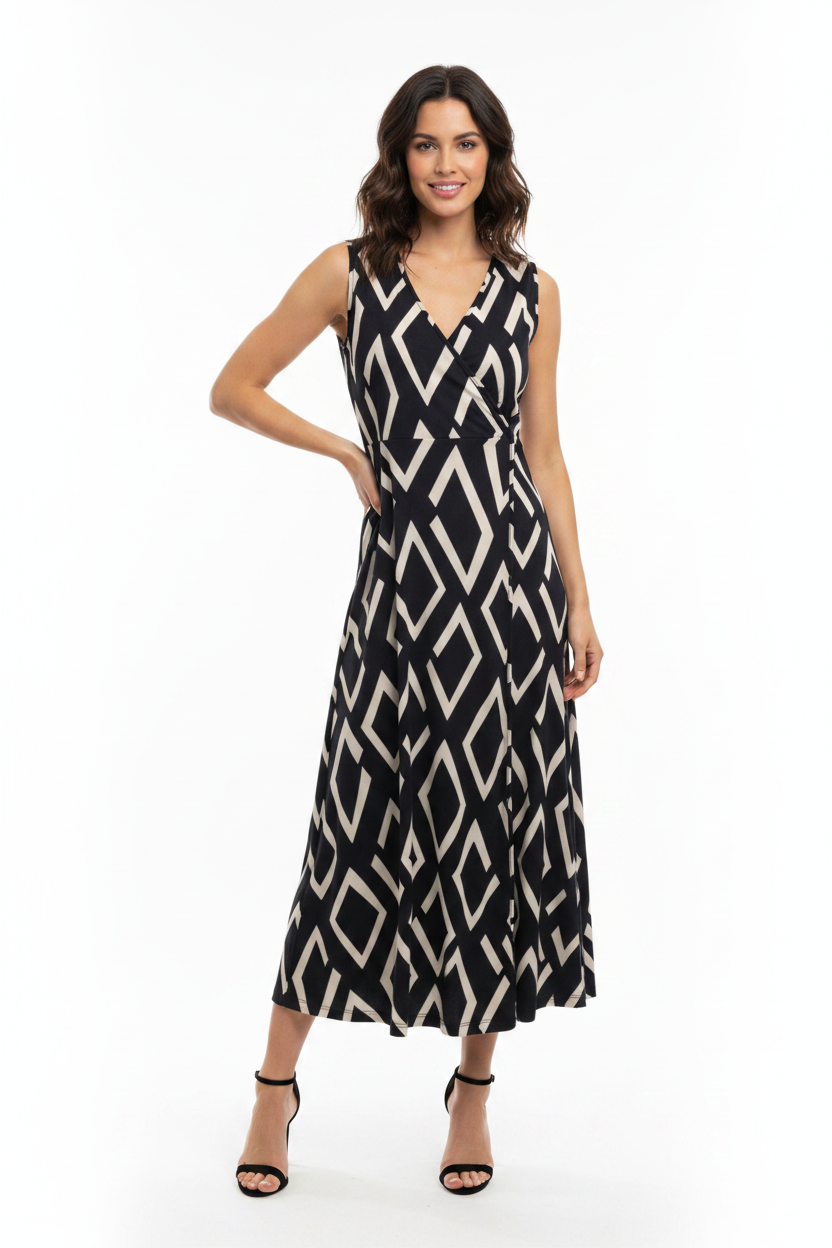 Trenery navy & ivory dress, Size M 12/14