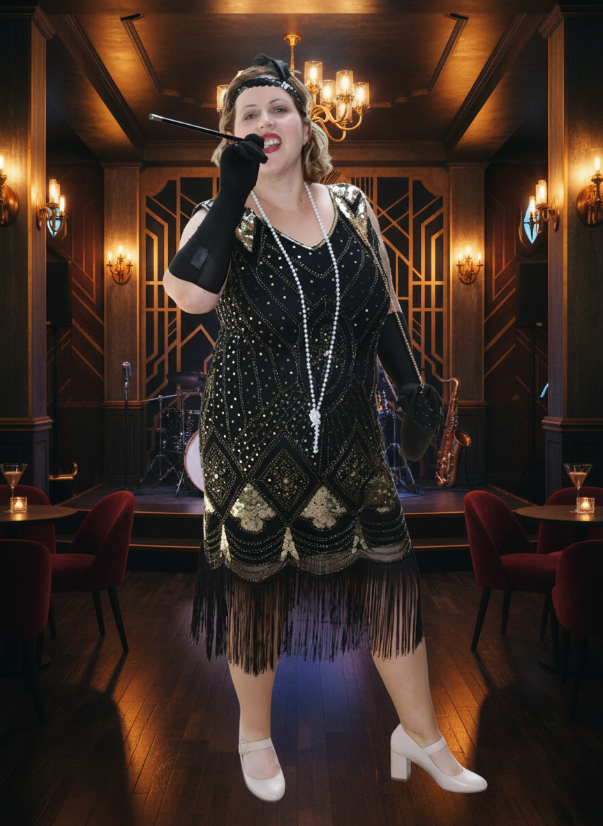 Black & Gold Flapper, Ball, Formal, Evening Dress Women's, Size 14