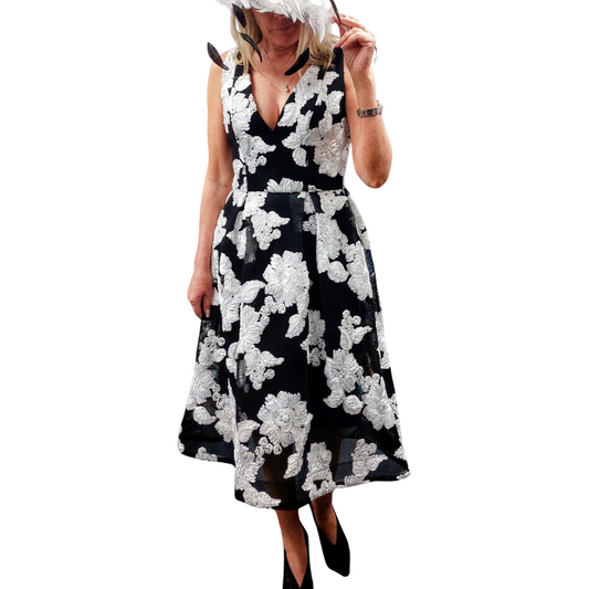 Romance black & white formal embroidered party dress, size 8