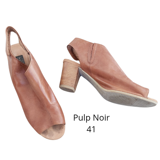 Pulp Noir tan wooden block heels, size 41/10