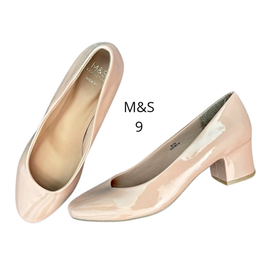 M & S tan patent heels, size 9