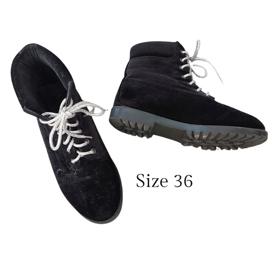 Black velvet look boots, size 5